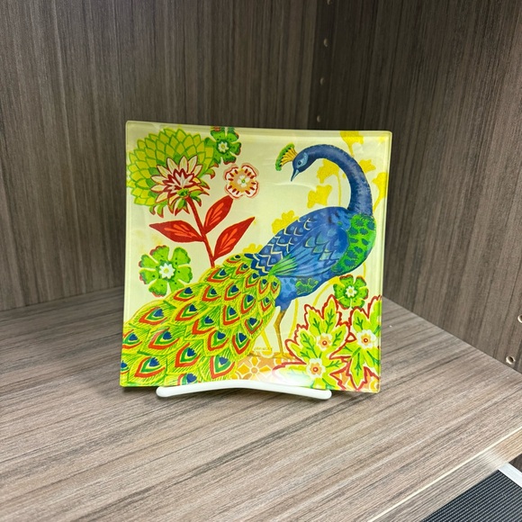 🦚 Prima Designs Jennifer Brinley Art Glass Peacock Square Trays Set of 4 Vintage - Picture 4 of 4